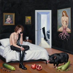 painting of queer artist's bedroom with black walls, emo artist eating blackberries, knife, tesla model x, paint tubes, a liminal doorway to the future, zen, high black boots, pomegranate, a black pig, courgette, octopus, sensual, by magritte and monet