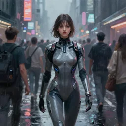 painting. digital art. young woman wearing an [ [ [ [ [ [ [ eva suit ] ] ] ] ] ] ]. high tech. walking down busy city street. crowds of people. medium close up. night. [ [ [ hazy ] ] ]. [ [ [ foggy ] ] ]. [ [ [ [ raining ] ] ] ]. neon lights. cyberpunk. blade runner.