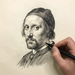 hand drawn portrait showing pencil, ink, watercolor and ink work on paper with an old paper texture in the style of the old masters