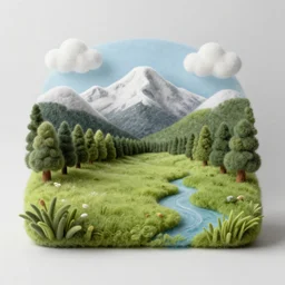 a meadow made of wool, felt mountains in the background, wool trees and forest, felt river, wool clouds, wool lighting, an award winning artwork, hyperrealistic, beautiful, high quality, professional