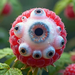 a raspberry made out of eyeballs, hyperrealistic, nature documentary, 4k