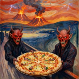 masked demons grabbing a large pizza!!!, in the background is a volcano spewing lava and black smoke, streams of glowing hot lava, flashes of lightning in the distance. wide angle, long shot, an ultrafine detailed painting by edvard munch, deviantart, pop surrealism