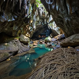 expansive caves with growing biodiversity , the pools of liquid, dusk light illuminates dappled areas , volumetric light ,detailed entangled fibres carpet the fallen rocks ,full colour , upscale , 4k