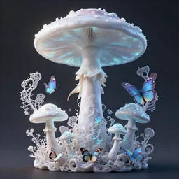 a mushroom queen in her 3 d bioluminescent radically alive world of fungal fractals and butterflies, intricate mycelial lace, fractalpunk, rococo, inspired by peter mohrbacher & james jean & android jones & william morris & ernst haeckel & alphonse mucha