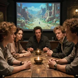 film still dnd movie, group sit at table, play in dnd, beckinsale schwarzenegger johansson timberlake, gm screen, finely detailed features, closeup at the faces, at an ancient city, by makoto shinkai takashi