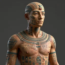 : human with hieroglyphic pattern skin all over hyper detailed art station  dalle2 3d render unity gigapixel  unrealengine trending on artstation,cinematic, hyper realism, high detail, octane render, 8k