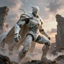 portrait of a diabolical marble stone cyborg, wearing torn white cape, dynamic pose, glowing eyes, post apocalyptic ancient ruins, glowing veins subsurface scattering, in clouds, sunset, portrait, by gerald brom, by mikhail vrubel, by peter elson, muted colors, extreme detail, trending on artstation, 8 k