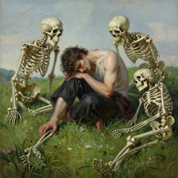 a painting by [ john j park ] of [ nico di angelo ] surrounded by skeletons, in a state of despair on a grassy hill, extremely beautiful and emotional [ concept art ]