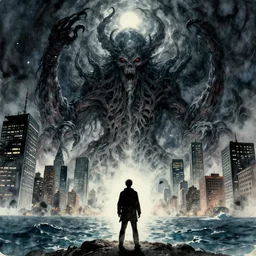 man is seeing old god eldritch horror cthulhu terrifying the night sky of a modern city with tall buildings, he is coming from the ocean, epic scene, hyper detailed, gigantic cthulhu wallpaper, dark art, messy watercolor paint
