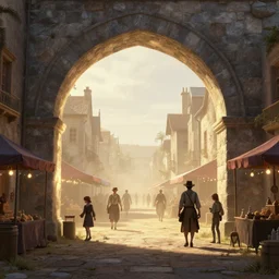colonial town festival, archways, light dust, by peter mohrbacher dan mumford craig mullins nekro, cgsociety, pixiv, volumetric light, 3 d render