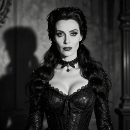 b & w photo of morticia addams as played by michelle fairley