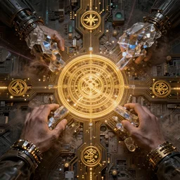 oto ritual, golden dawn, technology and magick, circuitry and sigils combined, photorealistic, technical, royo, frazetta, giger, leds, dust, laser light, crystalline shimmers, chaos, complexity, emergence,