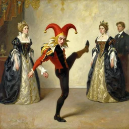 a court jester break dancing while the queen watches in confusion and dismay. 85mm Ilya Repin, Lerapi