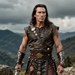 detailed ultrarealistic medium shot photography of nicholas cage as conan the barbarian arnold schwarzenegger posing with sword cinematic