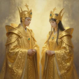 intricately decorated cleric duo, golden, ethereal back light, mist, coherent composition, fantasy painting by artgerm, noriyoshi ohrai, yuumei