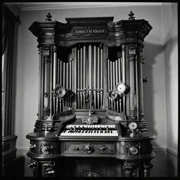 steampunk organ, black and white film,