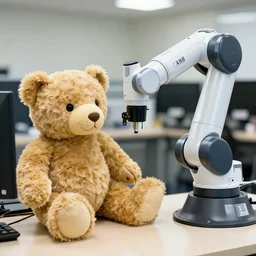 teddy bear programming an abb robot, realistic