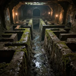 inside the endless maze of ancient flooded sewers in the old part of the city. fantasy art, underground, adventure, wet, standing water, channel, canal, muck, mud, stagnant water, stream, channel, musty, moss, sewage, darkness, underground, catacombs, abandoned spaces, torchlight. piranesi and william roger dean.