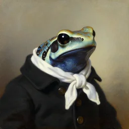 a head - and - shoulders portrait of an amazon milk frog wearing a black buttoned jacket with a white scarf!!!, an american romanticism painting, a portrait painting, cgsociety, soft focus, oil on canvas