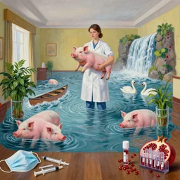 a tall female pathology student holding a pig in an empty hotel room, a river flooding inside, medical supplies, medical mask, syringes, pathology sample test tubes, pigs, plants in glass vase, water, river, rapids, canoe, pomegranate, berries dripping, waterfall, swans, acrylic on canvas, surrealist, by magritte and monet