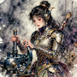 korean women's fashion machine witch, intricate watercolor cyberpunk portrait by john singer sargent