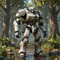 concept art of heavy mecha trooper, trees, puddles of water, bushes and leafs, by filip hoda, beeple, greg rutkowski, octane render, cryengine, details, hyper realistic