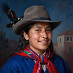 head and shoulders portrait of a female engineer, quechua!, scarf, hat, tonalist, symbolist, realistic, chiaroscuro, baroque, detailed, modeled lighting, vignetting, indigo and venetian red, angular, smiling, condor