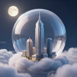 miniature skyscraper inside a bubble, resting on clouds, realistic 3 d render, unreal engine, maya, 8 k, smooth, sharp focus, octane, moonlight