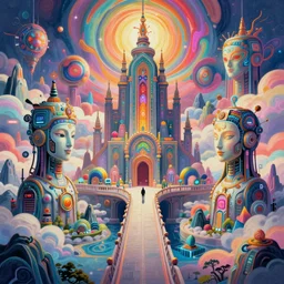 a bridge to three sprawling miniature cybernetic temple, surrounded by fractal mountains, volumetric clouds, cybernetic faces, vaporwave aesthetic, colorful, psychedelic, digital painting, artstation, concept art, smooth, sharp focus, illustration, art by artgerm and greg rutkowski and alphonse mucha