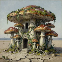 closeup of building shaped like magic mushrooms, vine covered, moss covered, desert, cracked dry lake bed, by Zdzislaw Beksinski, Norman Rockwell, highly detailed, soft lighting, film grain, 8k resolution, hd, oil on canvas