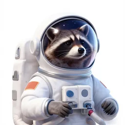 A raccoon astronaut with the cosmos reflecting on the glass of his helmet dreaming of the stars