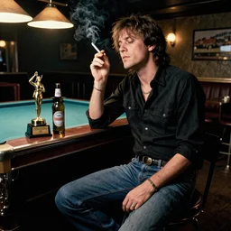 photo of Jimmy page sitting on barstool in a dive bar, pool table in the background, he is smoking a cigarette, a beer bottle sits on the bar next to him, award winning, high quality