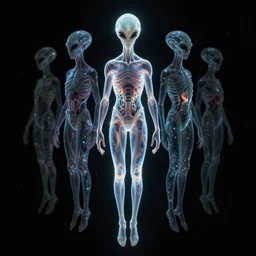 an evil alien, with transparent skin, visible internal, looks like sea creatures, luminous body, floating in the void. alexander mcqueen, anthony chong jones, yoji shinkawa, marc simonetti, daarken. full body image with head, symmetry, dark illustration, cinematic unreal engine