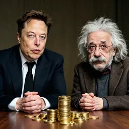 photo of elon musk and albert einstein sitting next to each other at a table with stacks of dogecoin