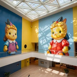 interior view overlooking a spectacular incredible beautiful art museum, huge lisa frank murals, located in aspen colorado, bright colored buildings