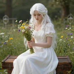 a beautiful white haired girl in white dress sitting on wooden trunk in a garden holding a bunch of wild flowers, deep focus, d & d, fantasy, intricate, elegant, highly detailed, digital painting, artstation, concept art, matte, sharp focus, 3 d, octane render, hearthstone, well rendered, art by artgerm and greg rutkowski and alphonse mucha