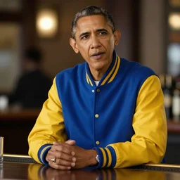 realistic photo of casual barack obama wearing a royal blue varsity jacket with yellow sleeves