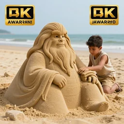 a photo of a young boy making a intricate Jabba the Hutt sand sculpture at the beach, highly detailed, 8k, photorealistic, award winning photo, photography