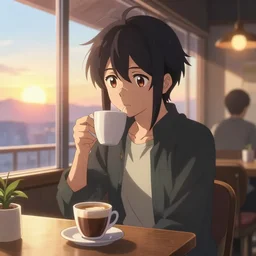 photorealistic Asriel Dreemurr with coffee at a morning cafe, sunrise, anime key visual, digital art, anime screenshot, kyoto animation, makoto shinkai, trending on artstation