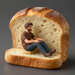 man living inside a bread, hyper detailed