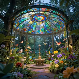 secret garden with colored glass cover, outside of time and space, birds, flowers, fairy tale, evening lights, highly detailed, low angle view, artstation, mysterious, comfort, in the style of aetherpunk, 8 k