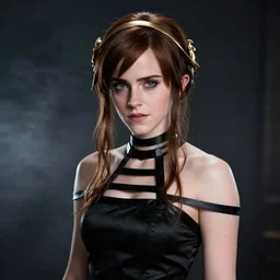 Yor Forger cosplay by Emma Watson, seductive gaze, 8k, professional photography, cinematic studio shot, dark, smoke