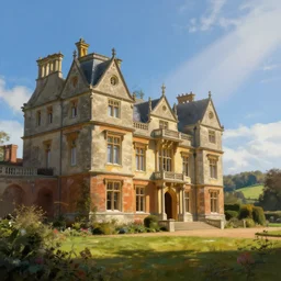 portrait of a victorian manor house overlooking a valley, highly detailed, architecture, sunny, blue sky, cinematic lighting, highly angle, godrays, volumetric, digital art painting by greg rutkowski