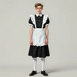 full body painting of grumpy handsome thin beautiful young man in his 2 0 s named min - jun in a french female maid outfit, modern clothing, elegant, clear, painting, stylized, delicate facial features, stylized thin lines, soft but grumpy, highly detailed, art, art by alphonse mucha