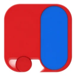 a shape consisting of a red rounded rectangle with the bottom end of the oval split into two rounded points, on the left side there is a smaller oval behind it and on the right side there is a blue rectangle oval two thirds of the way up overlapping the edge of it somewhat