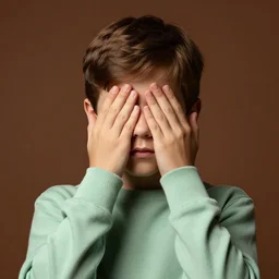boy with short brown hair covering eyes, light green sweater, brown background, dramatic lighting, studio lighting, digital art, trending on artstation