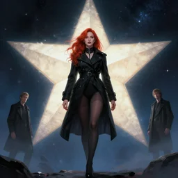 redhead lady in black coat and pantyhose, cosmic horror style, giant star, highly detailed, digital painting, artstation, concept art, smooth, clear focus, illustration, unreal engine 5, 8 k, works by ross tran, greg rutkowski and edgar maxence
