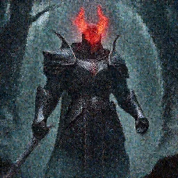 extremely detailed artwork of an armored dark figure in a dark evil forest, glowing crimson head, crimson fire head, Sauron, Ultron, speedster, fantasy art, fog, heavy armor, knights armor, cinematic pose, 8k, villain, maximalist, assassin warrior
