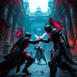 fantasy cyberpunk characters fight in ancient temple, dark semi - vibrant colors, action scene, 8 k, lumen reflections, sharpened, insanely detailed and intricate, hypermaximalist, elegant, ornate, hyper realistic, super detailed, digital art