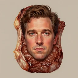 steve carrell face appearing on a steak, centered, symmetrical, digital painting, artstation, art by artgerm